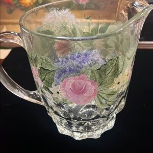 Charming Hand-Painted Floral Glass Pitcher
